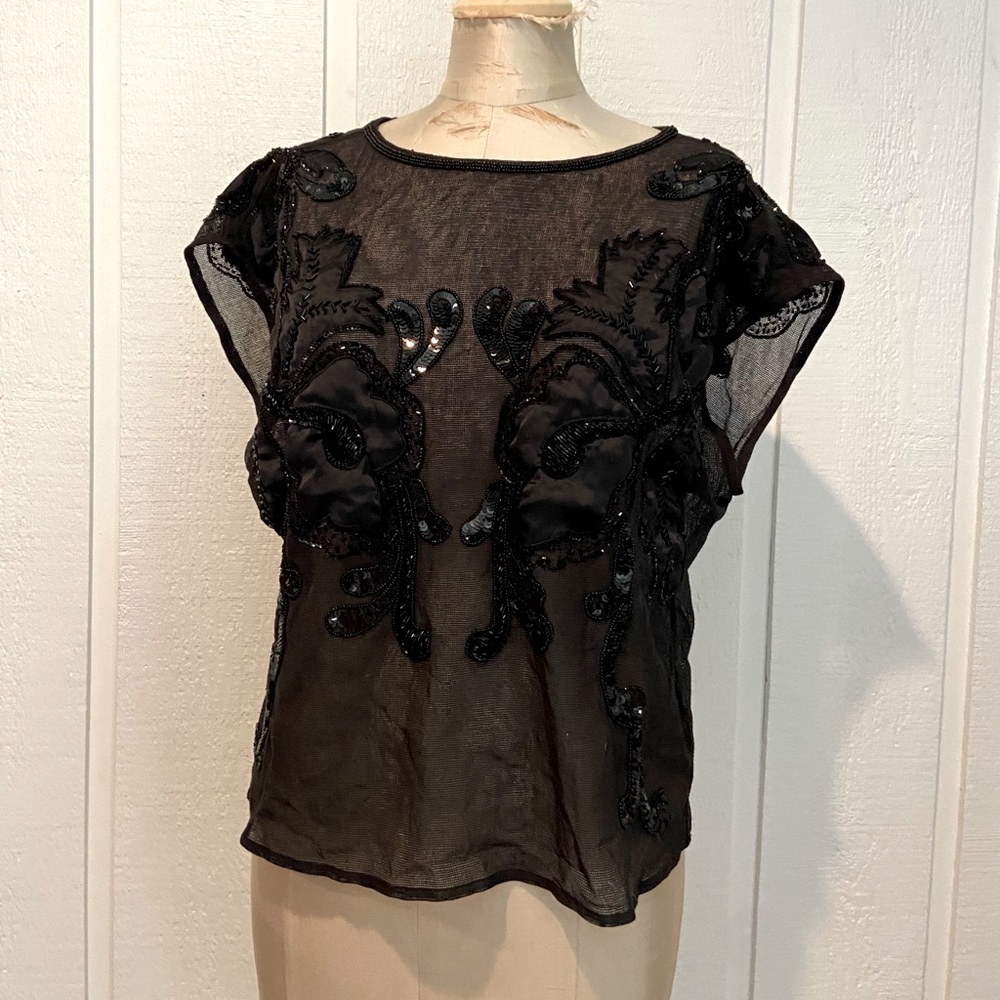 French Connection Embroidered Mesh Top